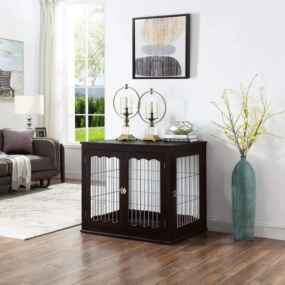 Large Dog Cage, Beautiful Indoor Kennel, Modern Decorative Pet House Dog Cage, Side Table and Bedside Table, Espresso