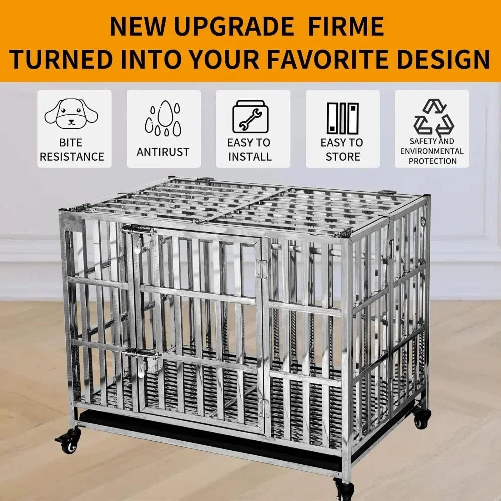 Stainless steel kennel cage, suitable for small dogs, with tray,indoor foldable and portable, suitable for outdoor animal travel