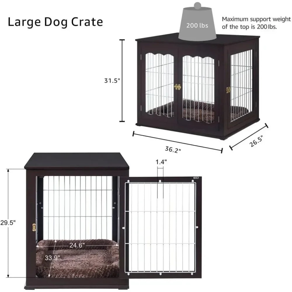 Large Dog Cage, Beautiful Indoor Kennel, Modern Decorative Pet House Dog Cage, Side Table and Bedside Table, Espresso