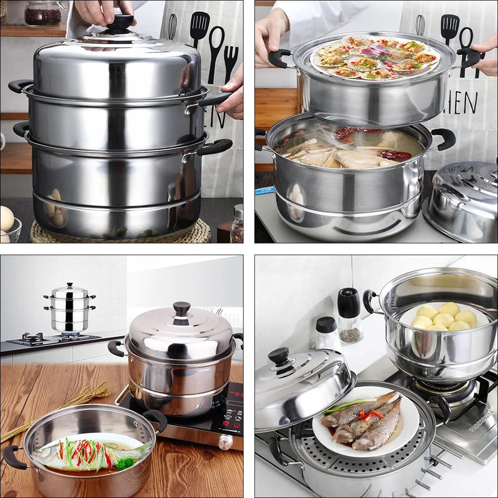 Stainless Steel Steamer Pot Steaming Cookware Stockpot Sauce Pot Three Layer Steamer Pot Soup Pot for Cooking