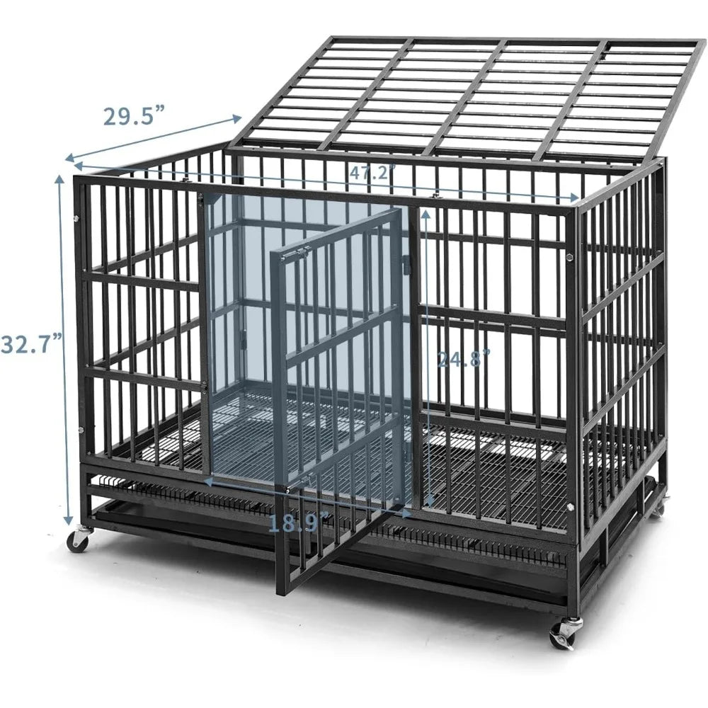 48 inch Heavy Duty Indestructible Dog Crate Steel Escape Proof, Indoor Double Door , Kennel with Wheels, Extra Large XL XXL