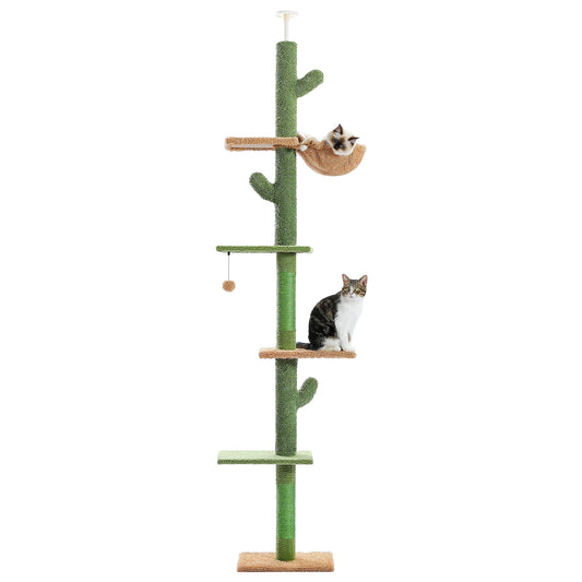 5-Tier Floor to Ceiling Cat Tree Tower Cactus Tall Climbing Tree with Scratching Post Hammock Dangling Ball for Indoor Cats