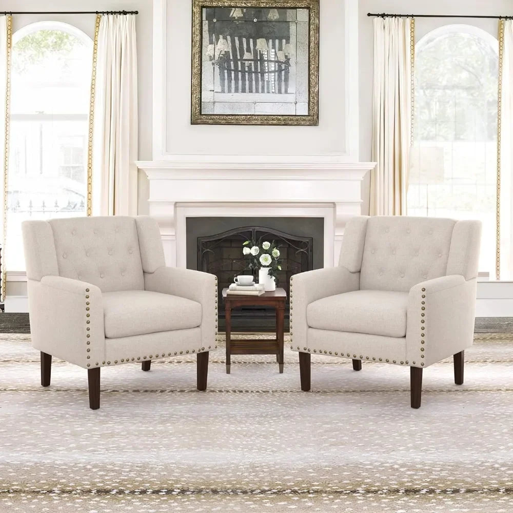 Linen Color Living Room Chairs, Comfy Button Tufted ArmChair, Mid Century Accent Chairs, Upholstered Linen Accent Chair