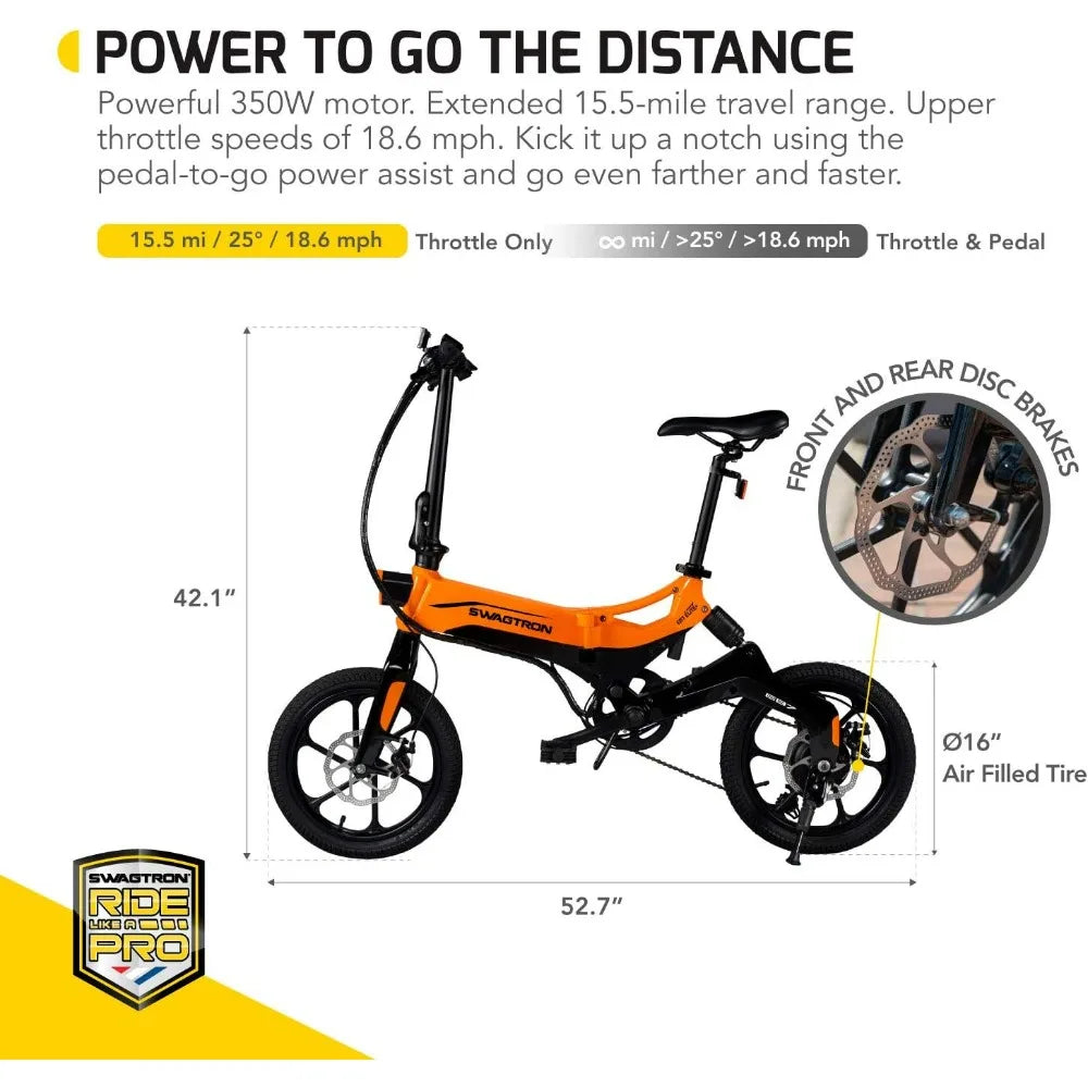 Swagcycle EB-7 Elite Plus Folding Electric Bike with Removable Battery, Orange, 16" Wheels, 7-Speed