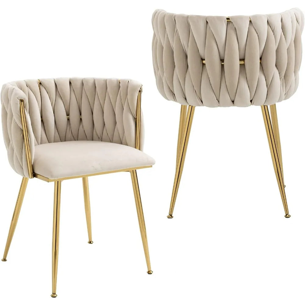 Modern Velvet Dining Chairs Set of 2 Hand Weaving Accent Upholstered Side Chair with Golden Metal Legs for Dining Room