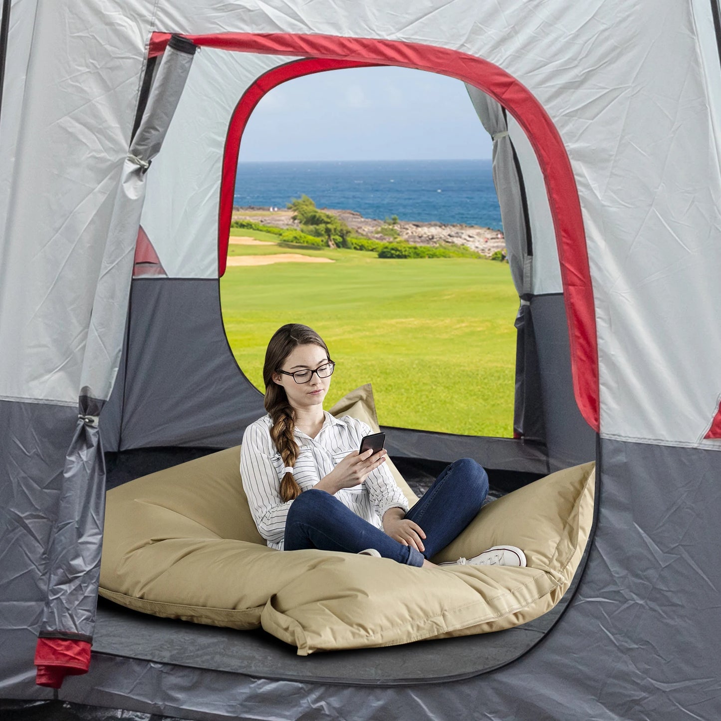 14 people red and white camping tent polyester cloth fiberglass pole 430*430*210cm N001