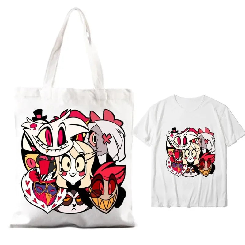 H-Hazbin Cartoon H-Hotel Women Shoulder Bags Couple Combination Clothes Short Sleeve Collar Fashion T shirt Man Cotton