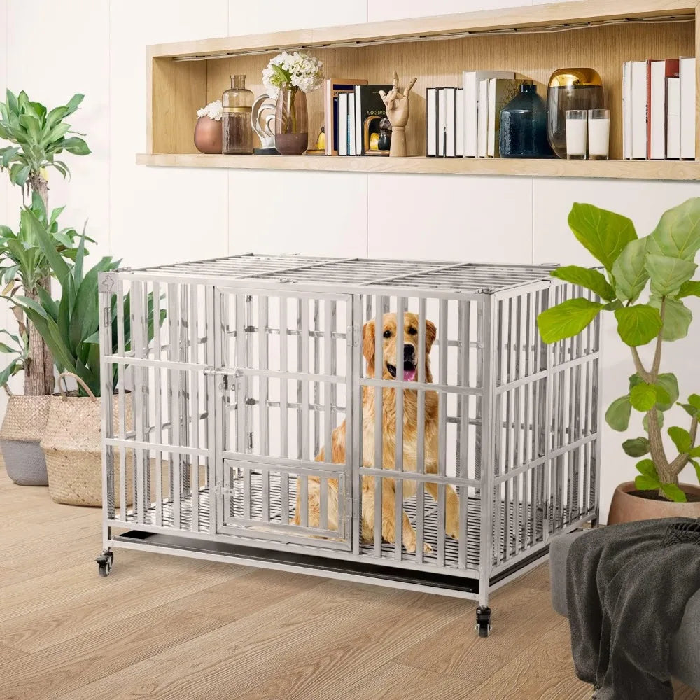 48" Stackable Heavy Duty Dog Crate Pet Stainless Steel Kennel Cage for Large Dogs with Tray in-Door Foldable