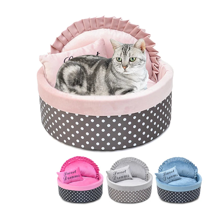 Cute Cat Bed Autumn Winter Warm Pet Dog Sleeping Bed With Pillow Round Dogs Puppy Kitten Nest Cushion Fashion Pets Accessories