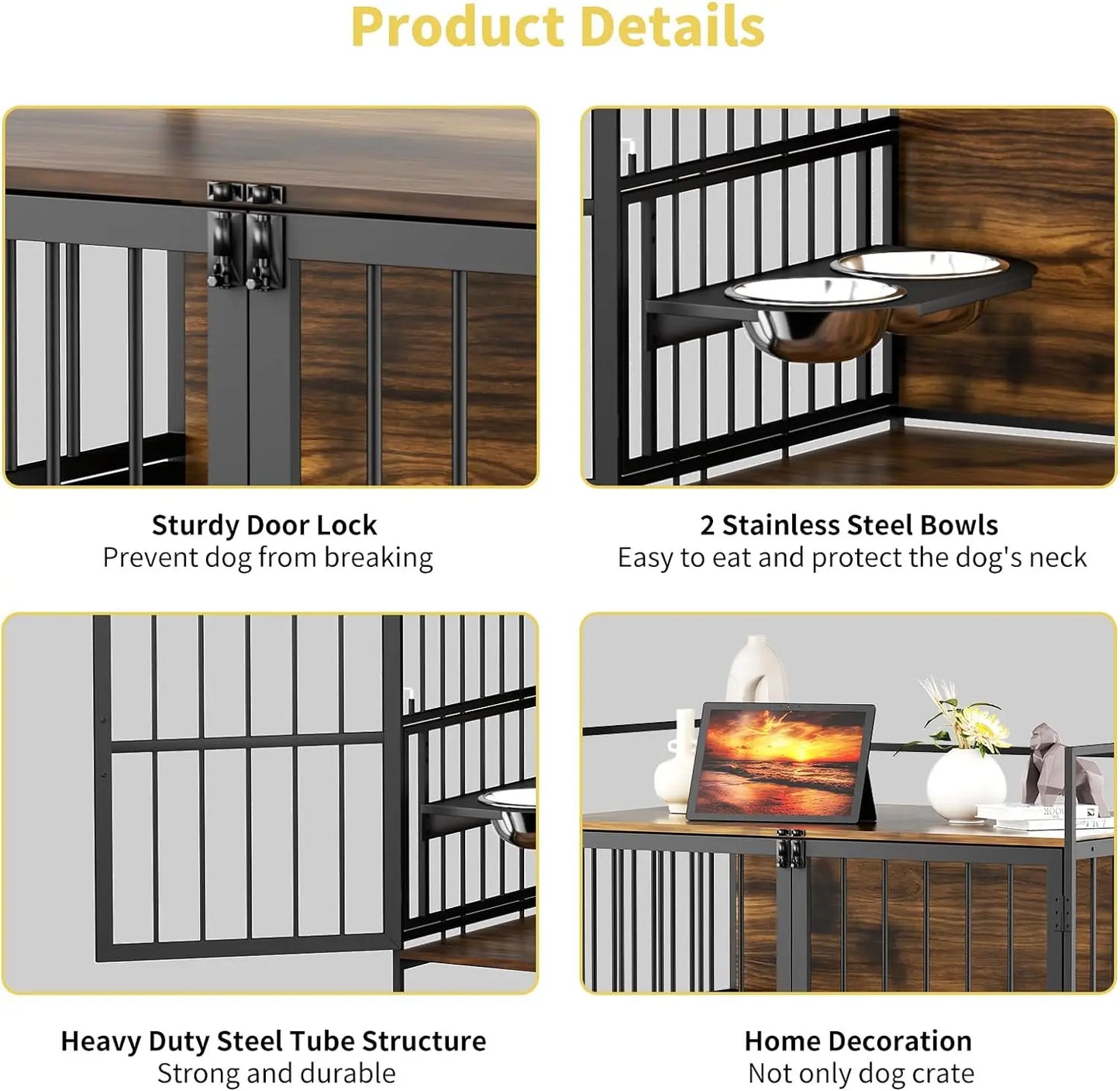 48 Inch Furniture Style Large Dog Crate with Two 360° & Adjustable Stainless Steel Bowls, End Table Dog House,Large Dog Kennels