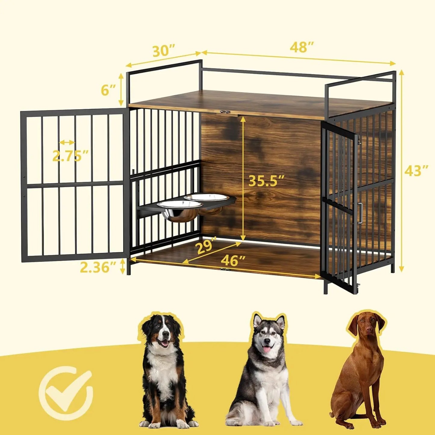 48 Inch Furniture Style Large Dog Crate with Two 360° & Adjustable Stainless Steel Bowls, End Table Dog House,Large Dog Kennels