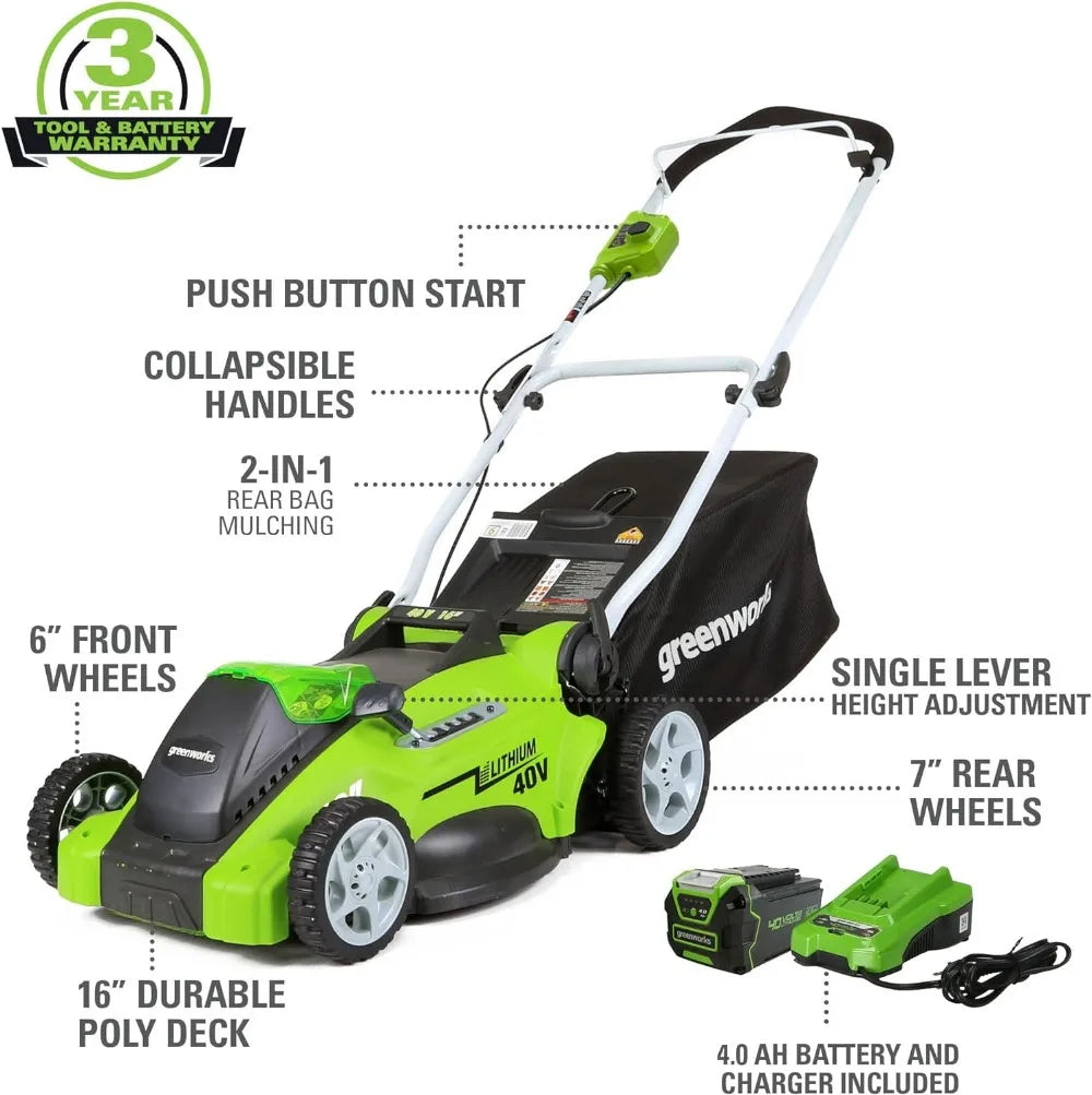 40V 16" Cordless Electric Lawn Mower + 40V Sweeper (150 MPH) 4.0Ah Battery and Charger Included Ideal for cleaning hard surfaces