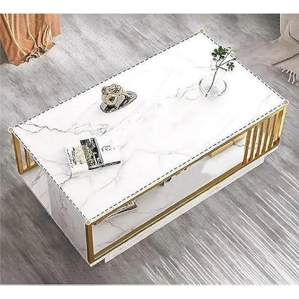 2 Tier Faux Marble Coffee Table, Modern White Coffee Table Living Room Table with Open Storage Rectangular Cocktail Table