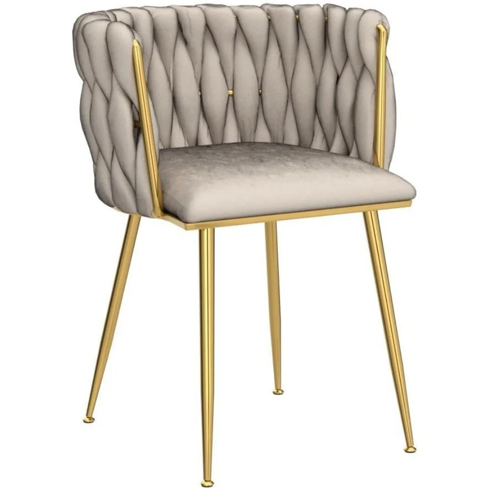 Modern Velvet Dining Chairs Set of 2 Hand Weaving Accent Upholstered Side Chair with Golden Metal Legs for Dining Room