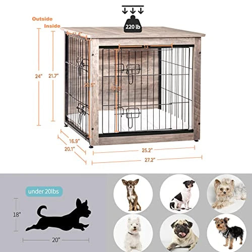 Dog Crate Furniture with Cushion, Wooden Dog Crate with Double Doors, Dog Furniture, Dog Kennel Indoor for Small/Medium/Large Do