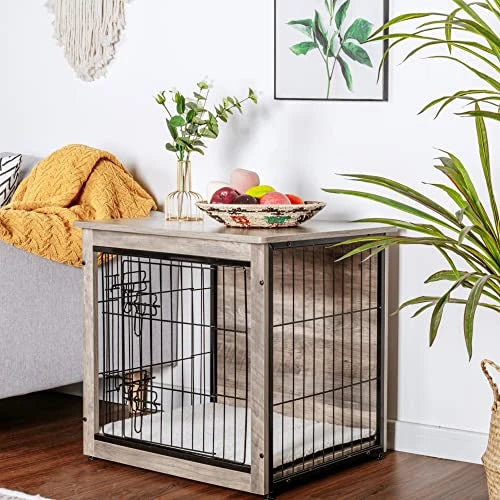 Dog Crate Furniture with Cushion, Wooden Dog Crate with Double Doors, Dog Furniture, Dog Kennel Indoor for Small/Medium/Large Do