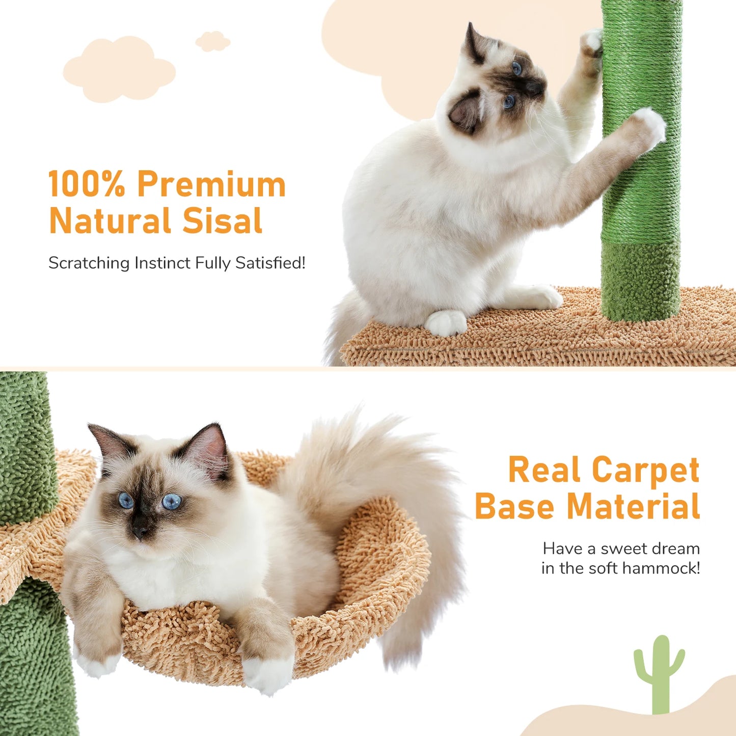 5-Tier Floor to Ceiling Cat Tree Tower Cactus Tall Climbing Tree with Scratching Post Hammock Dangling Ball for Indoor Cats