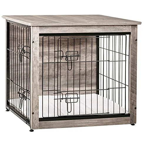 Dog Crate Furniture with Cushion, Wooden Dog Crate with Double Doors, Dog Furniture, Dog Kennel Indoor for Small/Medium/Large Do