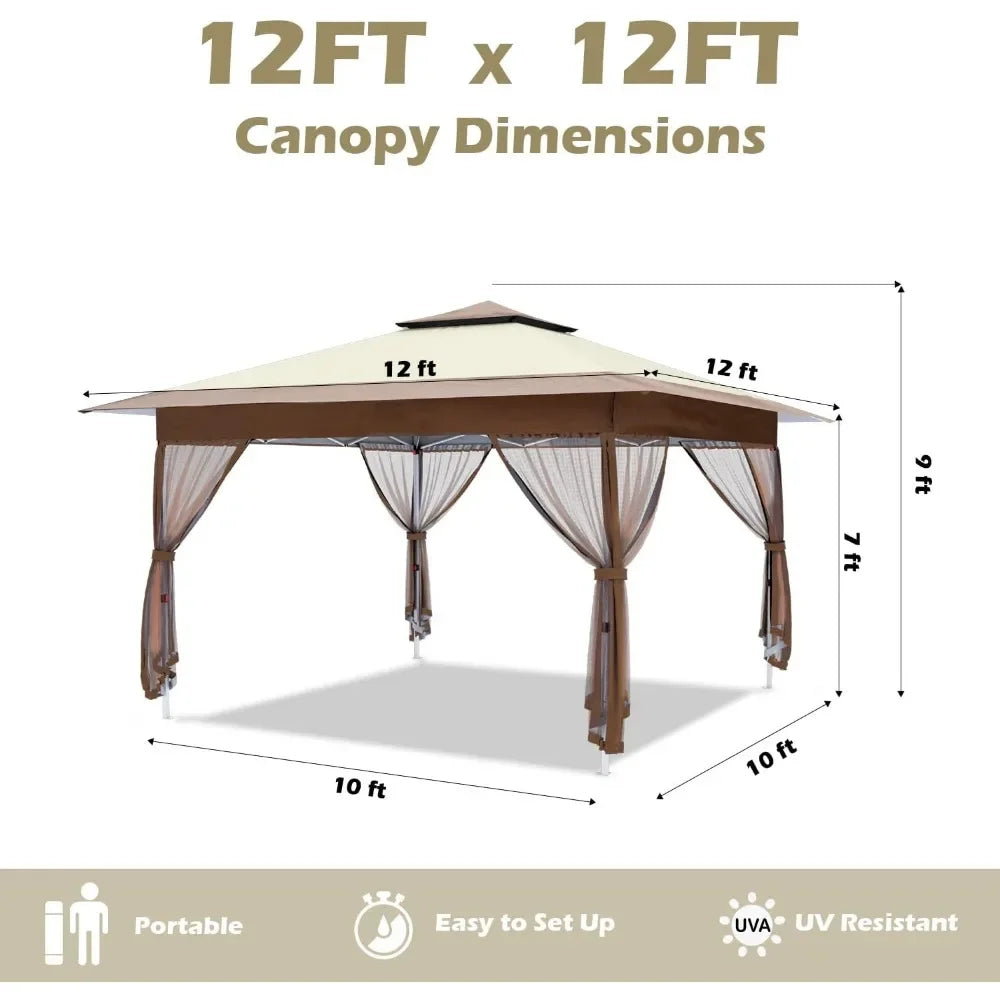 12'x12' Gazebo Outdoor Pop up Canopy Tent with Curtains and Shelter for Patio, Party & Backyard (Khaki)