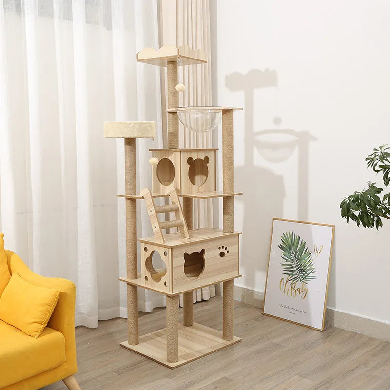 Multi-layer Cat Tree House Condos Wooden Cat Tower With Sisal Rope Cat Scratching Posts Plush Cloth Hammock Cat Climbing Frame