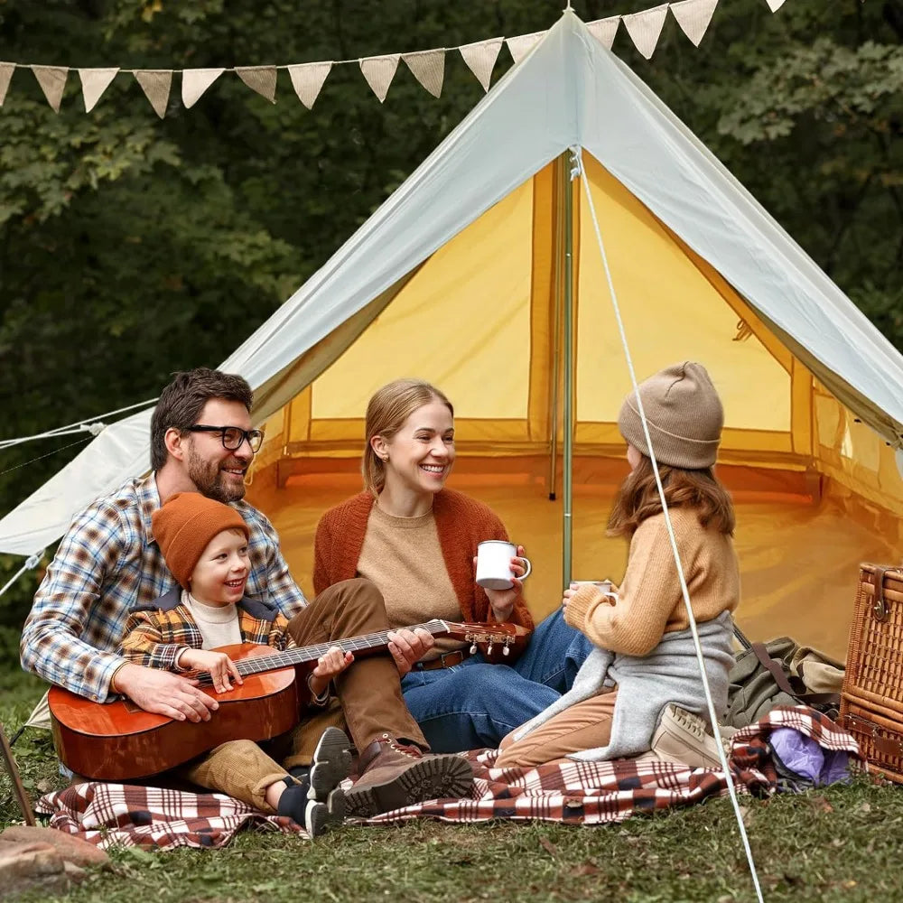 Double Door Canvas Tent, 4-Person Rainproof Camping Bell Tent with Windows, All Season Glamping Tent