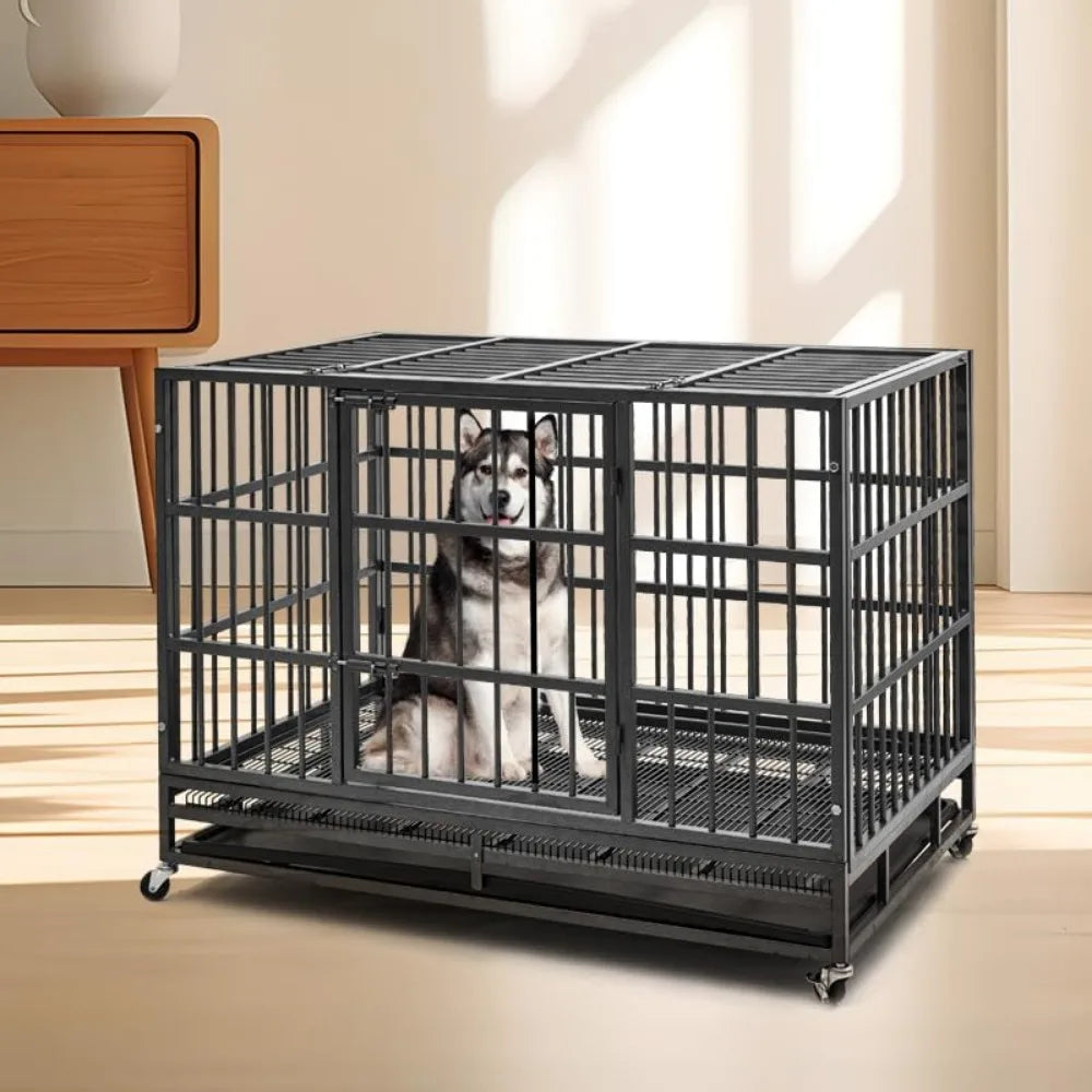 48 inch Heavy Duty Indestructible Dog Crate Steel Escape Proof, Indoor Double Door , Kennel with Wheels, Extra Large XL XXL