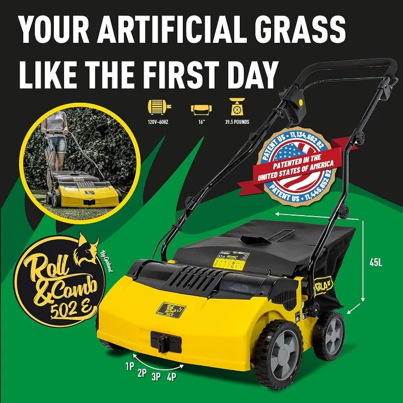 Corded Electric Comber and Sweeper for Artificial Grass - Power Broom 1,600 W, Height-Adjustable, and a 45 l Collection Bag.