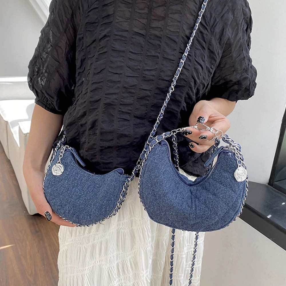 Fashion Denim Women Handbags Chains Lingge Crossbody Bags for Women Half Moon Canvas Shoulder Bag Ladies Purses Tote Clutch Chic