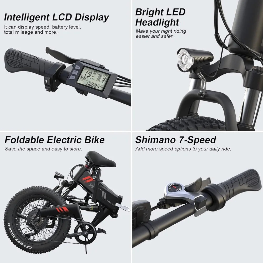 20''X4.0 Adult Fat Tire Electric Bike, 500W (750W Peak) with 48V 10Ah Battery, Professional 7-Speed, Shock Absorber, Red