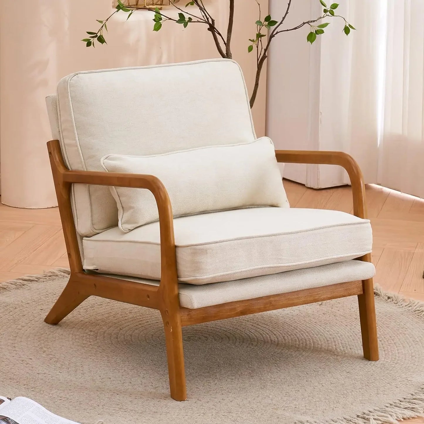 Cozy Living Room Chairs, Fine Linen Beige Accent Chairs, Wood Lounge Chairs for Bedroom, Comfy Mid Century Modern Armchair