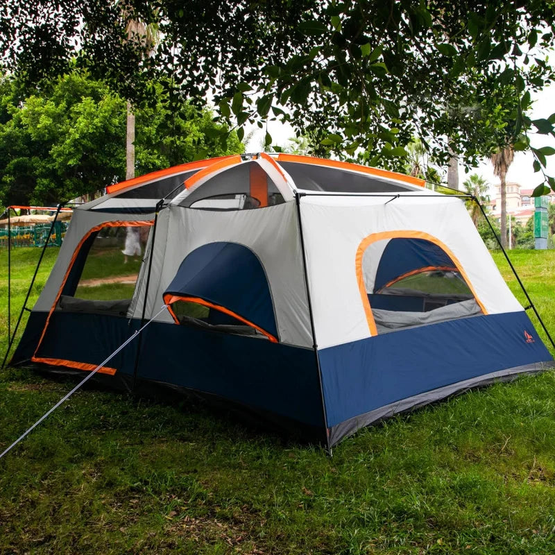 KTT Extra Large Tent 10-12 Person(A),Family Cabin Tents,2 Rooms,3 Doors and 3 Windows with Mesh,Straight Wall,Waterproof,Double