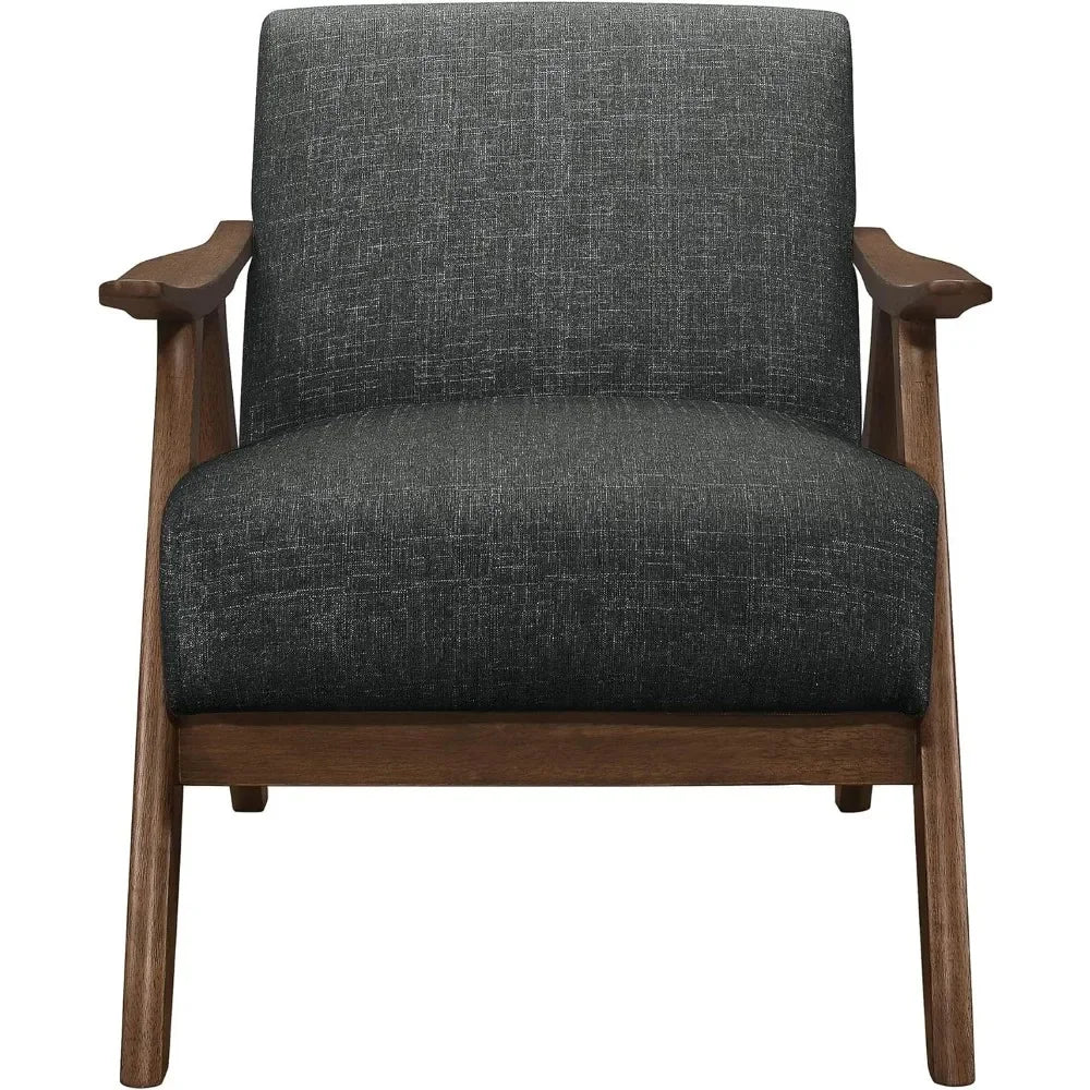 Accent chair in the living room, fabric upholstery, solid wood frame, vintage design, armrests