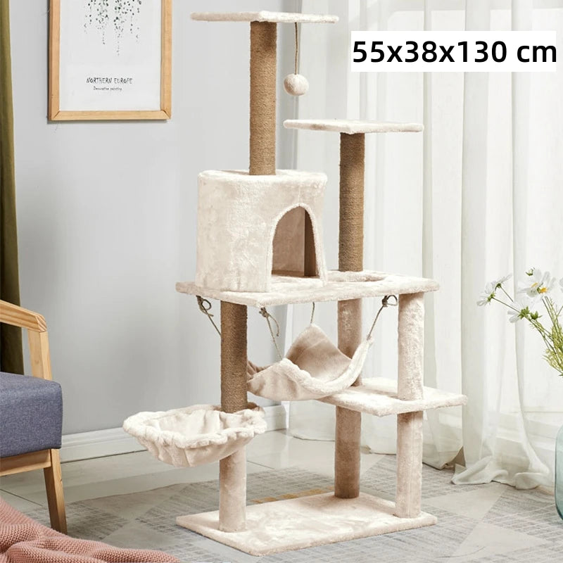 Multi-layer Cat Tree House With Swing Hammock Cat Climbing Tower Sisal Rope Cat Scratching Posts Cover Plush Cloth Cat Condos