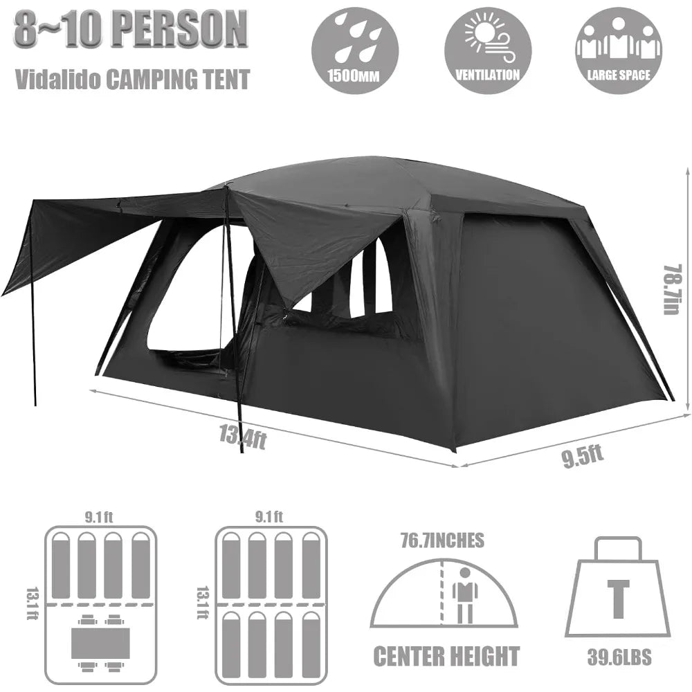 8-10 Person Camping Tent with 3 Door 2 Room Large Family Cabin Tents, Double Layer Waterproof Portable Glamping Tent